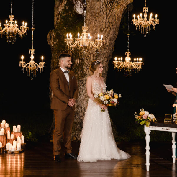 Chandelier Rental Night Ceremony - DEMENY Wedding Lights Oklahoma